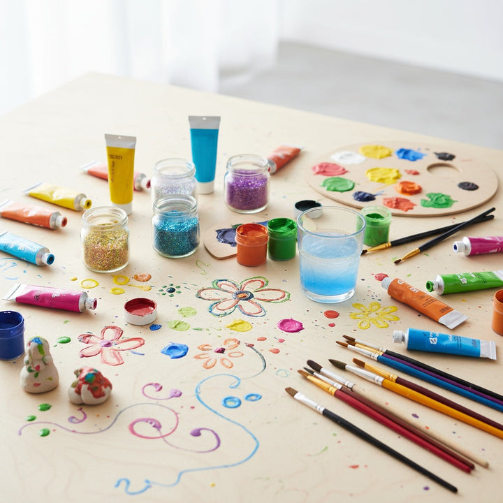 Art & Craft Paint collection with vibrant colors, brushes, and glitter creating joyful artistic moments.
