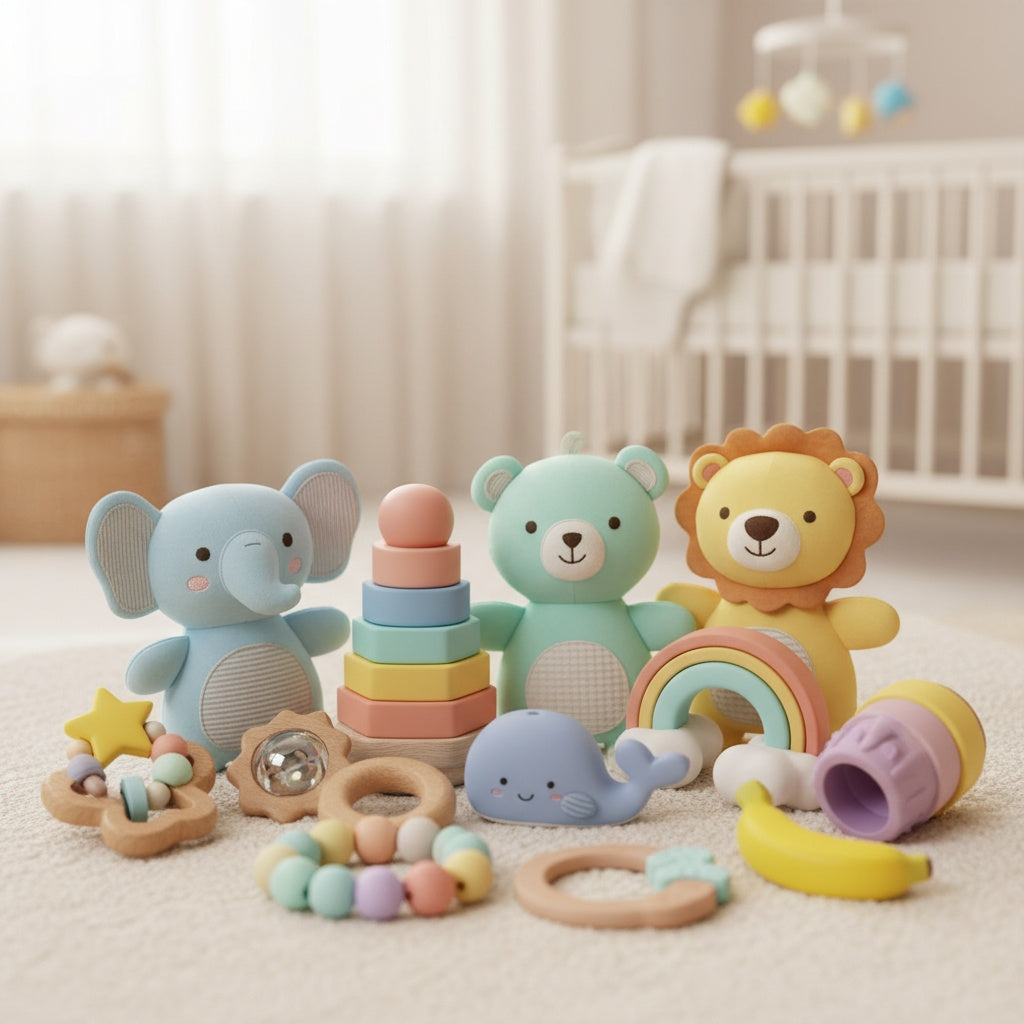 Baby Toys collection featuring colorful stuffed animals and stacking toys, perfect for safe and fun playtime.