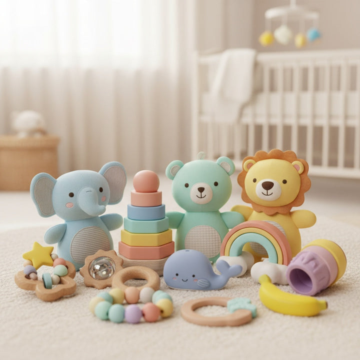 Baby Toys collection featuring colorful stuffed animals and stacking toys, perfect for safe and fun playtime.