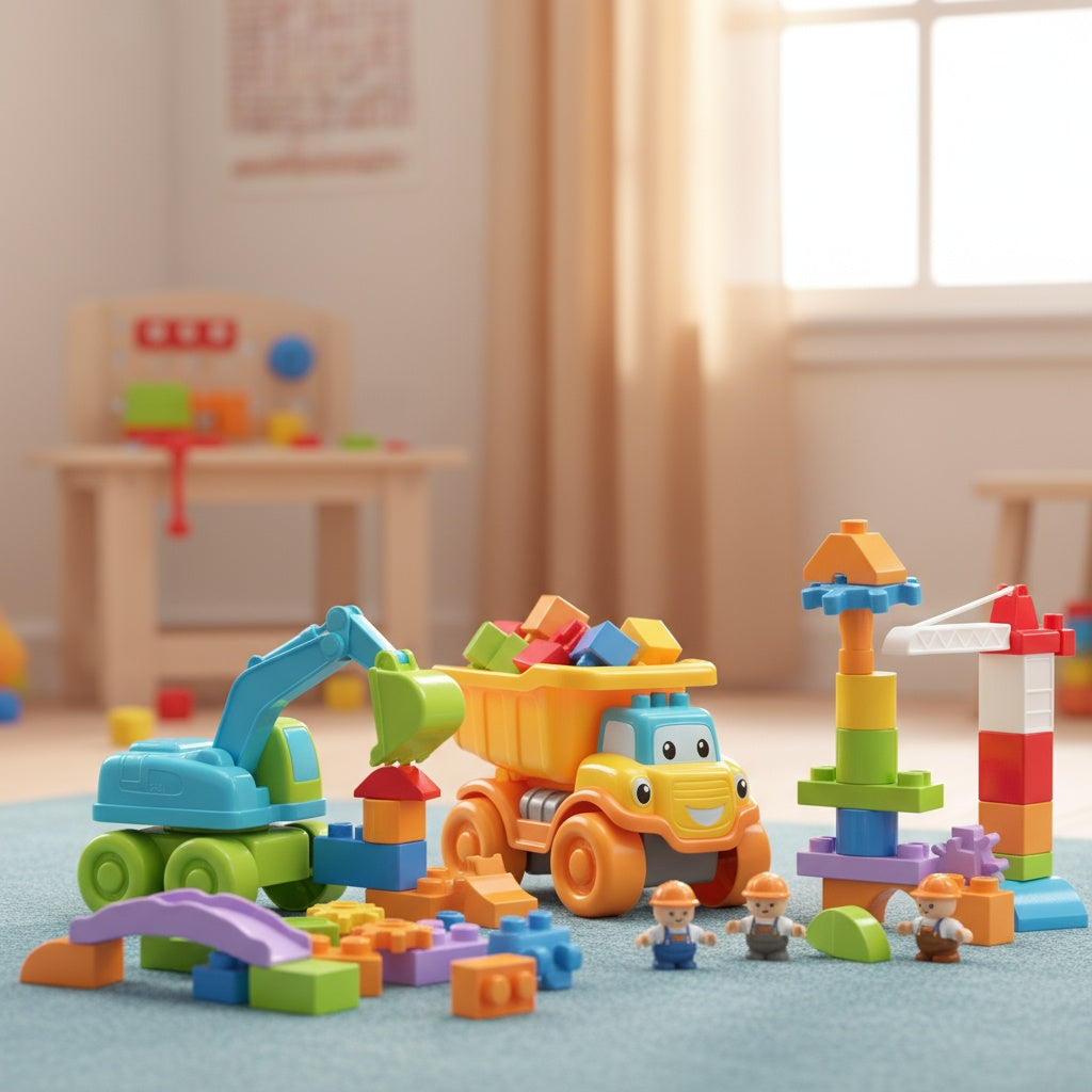 Colorful construction toys including blocks and a toy truck, perfect for imaginative building and future engineers.
