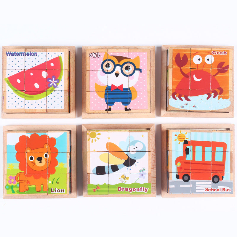 High-grade Six-face Picture Wooden Jigsaw 3D Puzzle Toys Children's Early Educational Toy Cube Jigsaw Puzzle Baby Kids Gifts