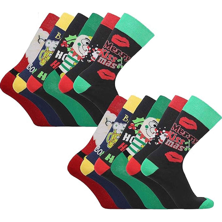 12 Pairs Men's Christmas Socks Cotton Rich Festive Holiday Novelty Designs Santa Claus Turkey Emojis Stocking Filler in UK Sizes 6-11 by Sock Stack