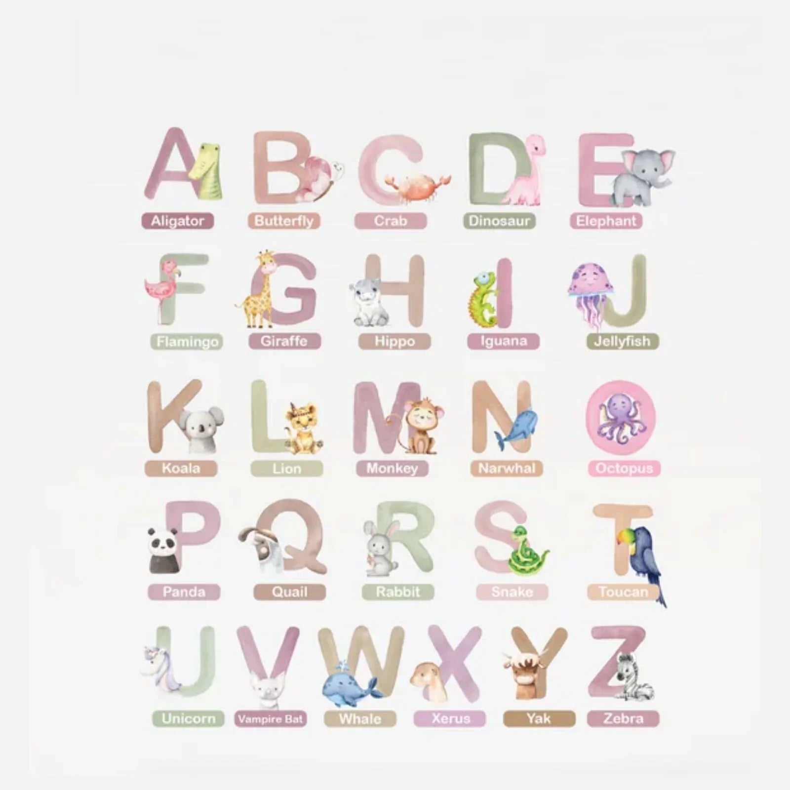 Live Vida Alphabet Wall Stickers with Animal Figures 26 pcs - Pink