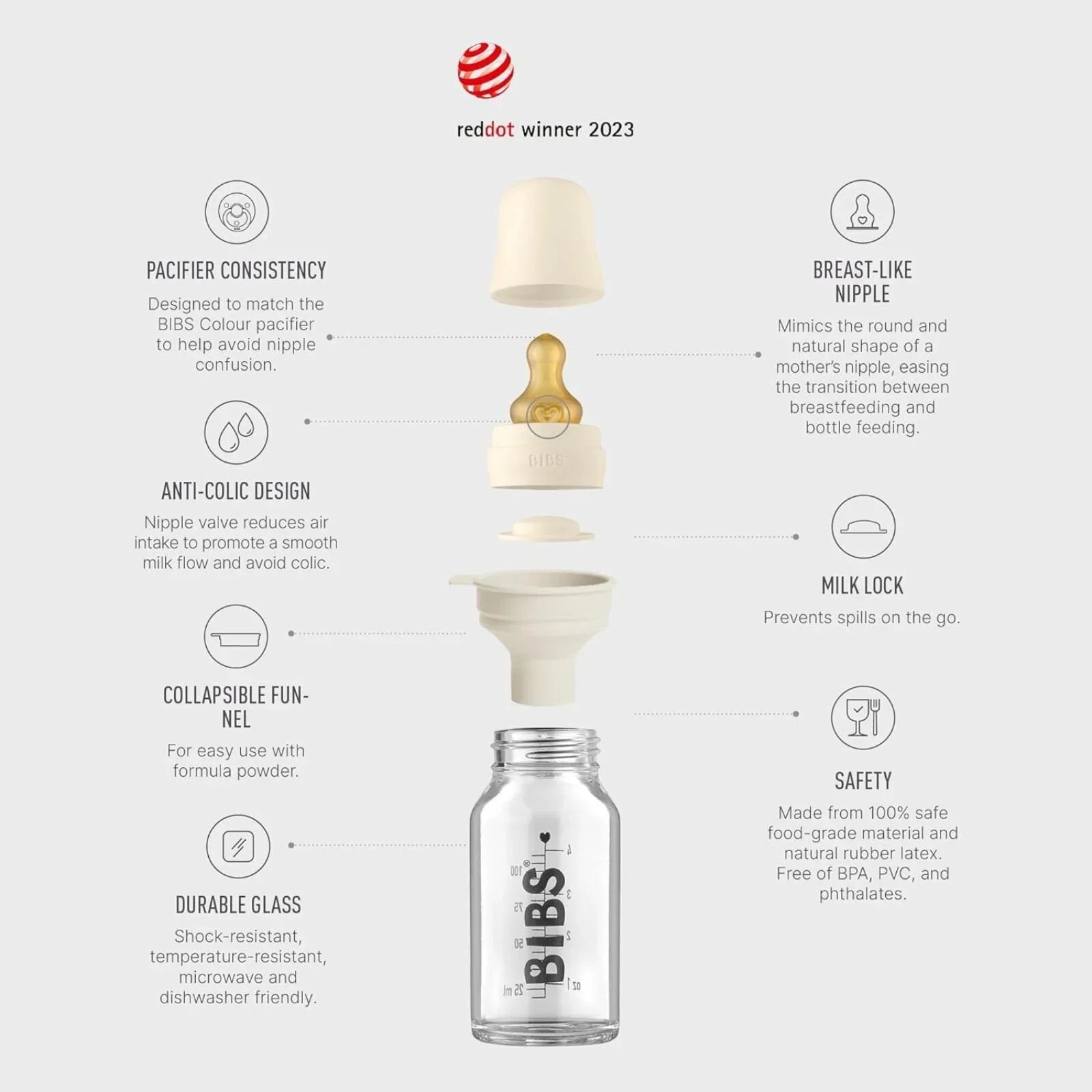 BIBS Baby Glass Bottle Complete Set Latex 110ml - Ivory