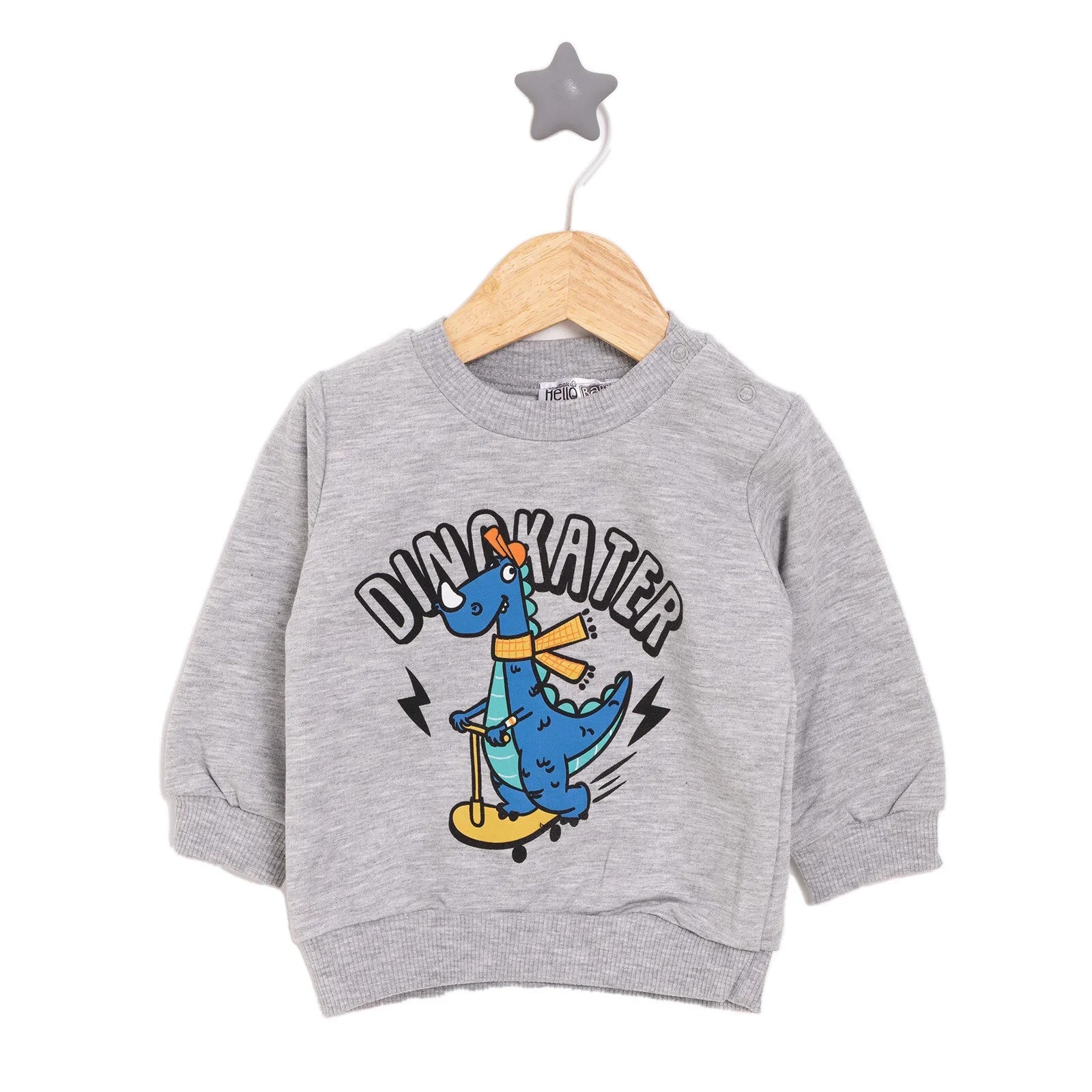 HelloBaby Basic Low Raised Dinokater Printed Sweatshirt - Grey Melange