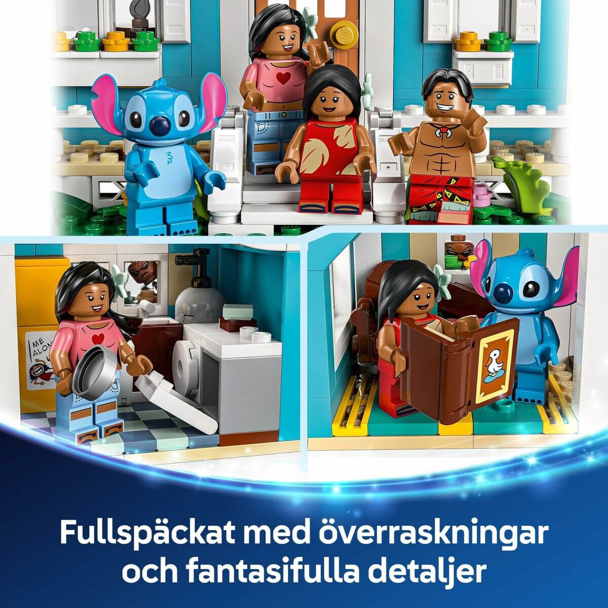 Construction set Lego Disney Lilo & Stitch 43268 834 Pieces featuring characters and detailed interior scenes.