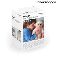 Sheep Soft Toy with Warming and Cooling Effect Wooly InnovaGoods packaging featuring a child cuddling the toy.