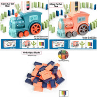 Domino Train for kids Automatic Laying Electric Car Colorful Dominoes featuring blue and pink trains with colorful blocks.