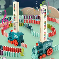 Domino Train for kids Automatic Laying Electric Car Colorful Dominoes with musical features and colorful domino setup.