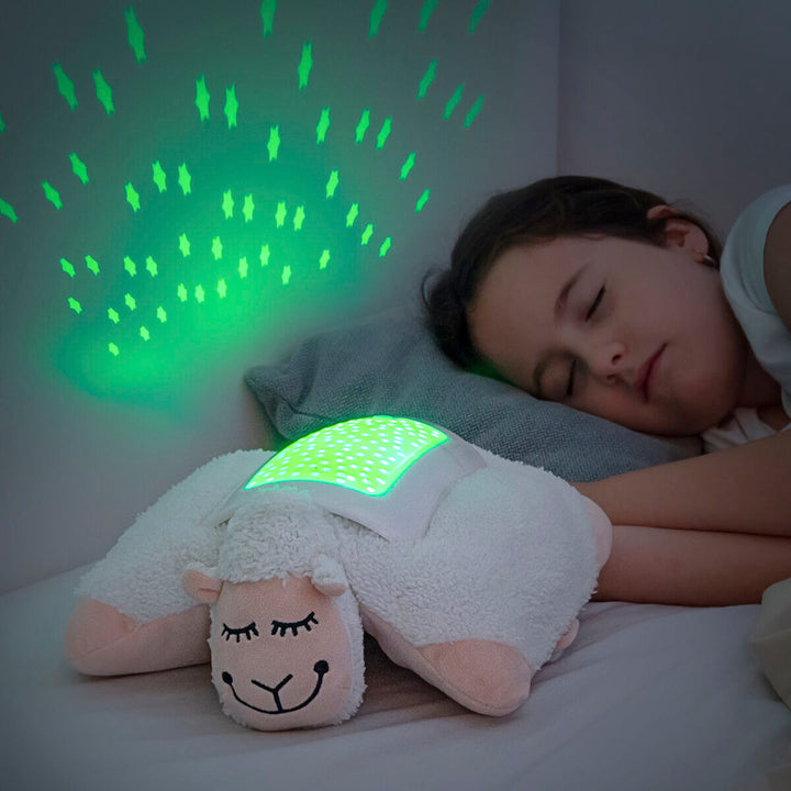 Plush Toy Projector Sheep InnovaGoods projecting stars while a child sleeps peacefully nearby.