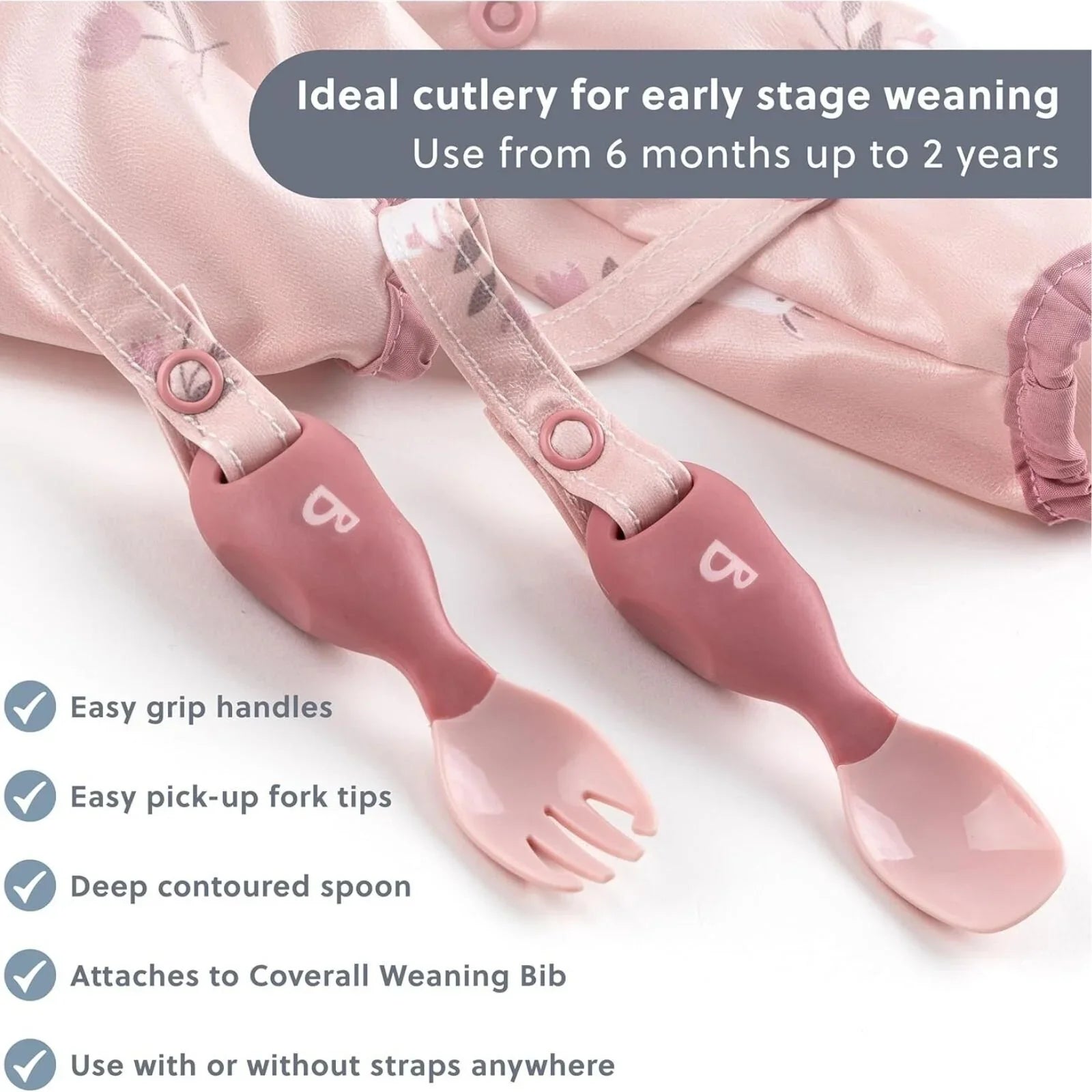 Bibado Handi Cutlery Attachable Weaning Cutlery Set 6+ months Pack of 2 - Blush